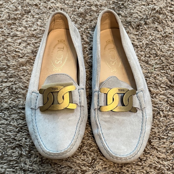 Tod's Light Gray/blue Suede Loafers with Gold Detail x - Picture 1 of 9